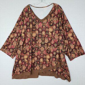 Catherines Layered Hem Tunic Top Walnut Brown Ikat Boho Slinky Stretch size 5X